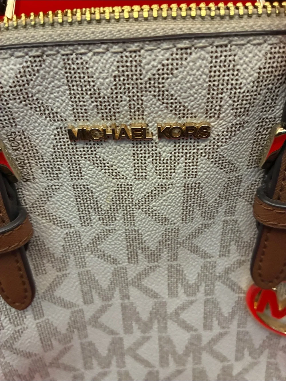 Michael Kors Brown and Beige Logo Satchel with Gold Hardware needs strap